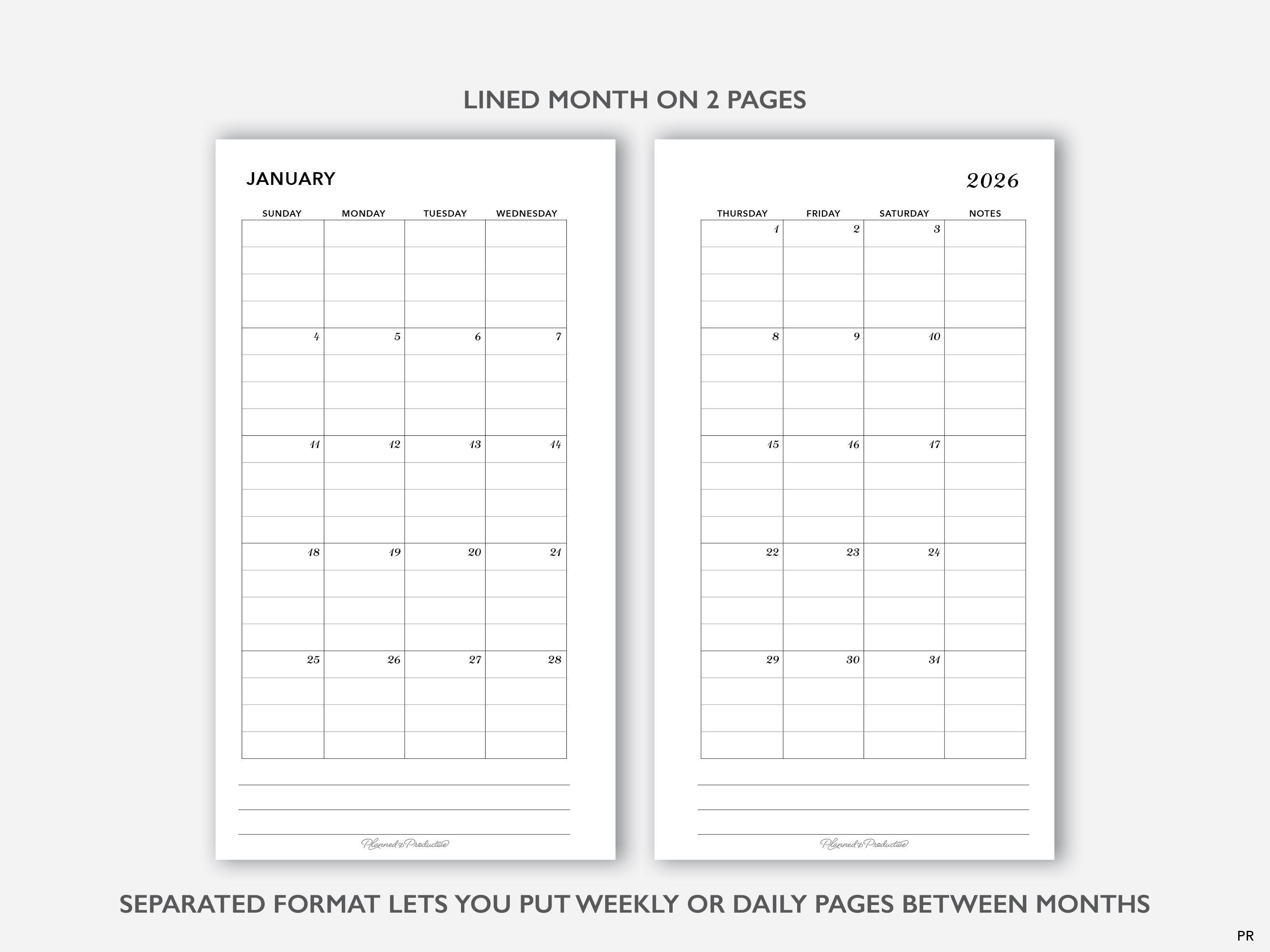 2026 Lined Monthly Printable Planner Inserts, Month on 2 Pages W ...