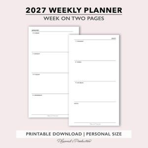 Op de afbeelding: Een wekelijkse planner voor 2027 als printbare download in persoonlijk formaat. De lay-out toont een week op twee pagina's met zwarte tekst op wit papier. De linkerpagina bevat januari, zondag, maandag, dinsdag en woensdag. De rechterpagina bevat 2027, donderdag, vrijdag, zaterdag en notities.