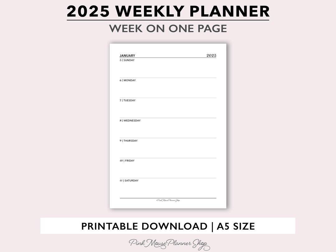 2025 Weekly Planner Printable, Week per Page Agenda, A5 Weekly