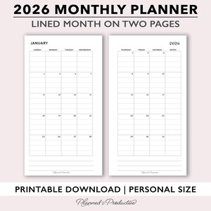 May include: A printable 2026 monthly planner with lined months on two pages. The January calendar is displayed on the left, and the 2026 calendar is on the right. The planner is a personal size.