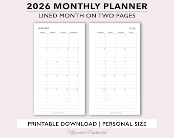Calendário mensal imprimível com linhas para 2026, modelo de calendário com um mês em duas páginas, calendário mensal de duas páginas para planejadores pessoais.