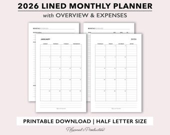 2026 Lined Monthly Printable Planner Inserts, Month on 2 Pages w/ Overview and Expense Tracker, Half Size Two Page Monthly Calendar Template