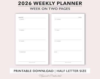 2026 Weekly Planner Printable, Half Size Weekly Calendar for Ring or Discbound Planners, Minimalist Week on 2 Pages Agenda Refill Template