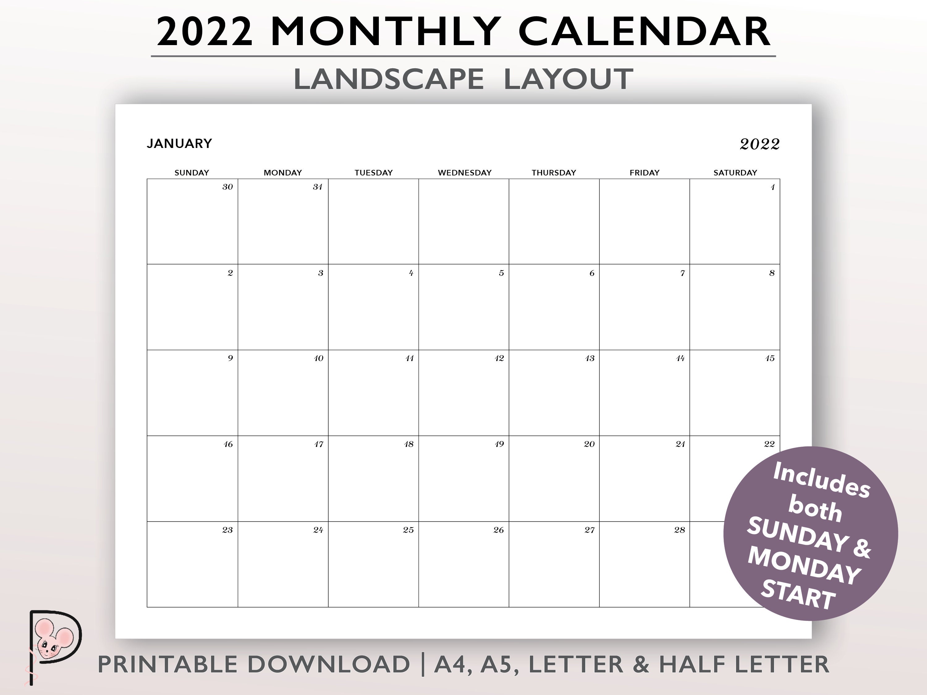 2022 monthly calendar printable month on one page insert etsy