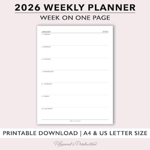 Könnte beinhalten: Ein weißer Wochenplaner für 2026 mit Wochenübersicht. Der Planer enthält Abschnitte für jeden Wochentag, mit dem Monat Januar. Der Text "2026 WEEKLY PLANNER" steht oben. Erhältlich in A4- und US-Letter-Größe.