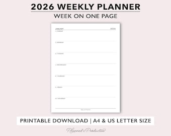 2026 Weekly Planner Printable, Week on One Page Dated Agenda for A4 & Letter Size, Horizontal Weekly Schedule Insert for Big Discs or Rings
