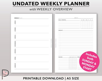 Weekly Planner Printable, Undated Weekly Insert, Weekly Agenda Refill, A5 Planner 2 Page Horizontal Weekly Organizer with Weekly Overview
