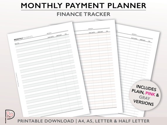 Monthly Payment Tracker Printable Budget Planning Insert | Etsy