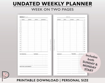 May include: An undated weekly planner with a two-page spread. The left page is for the weekly plan, with sections for top priorities, expenses, and gratitude/achievements. The right page includes a checklist and tracking section. Includes both Sunday & Monday start.
