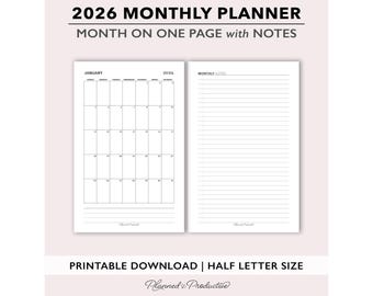 2026 Monthly Printable Planner Inserts, Month on One Page with Notes, Calendar Template for Half Size Ring or Disc Bound Planners, MO1P PDF