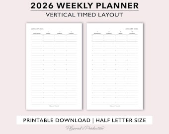 2026 Vertical Weekly Planner Printable, Half Size Timed Weekly Planner Insert, Week on 2 Page Planner Template, Hourly Weekly Schedule PDF