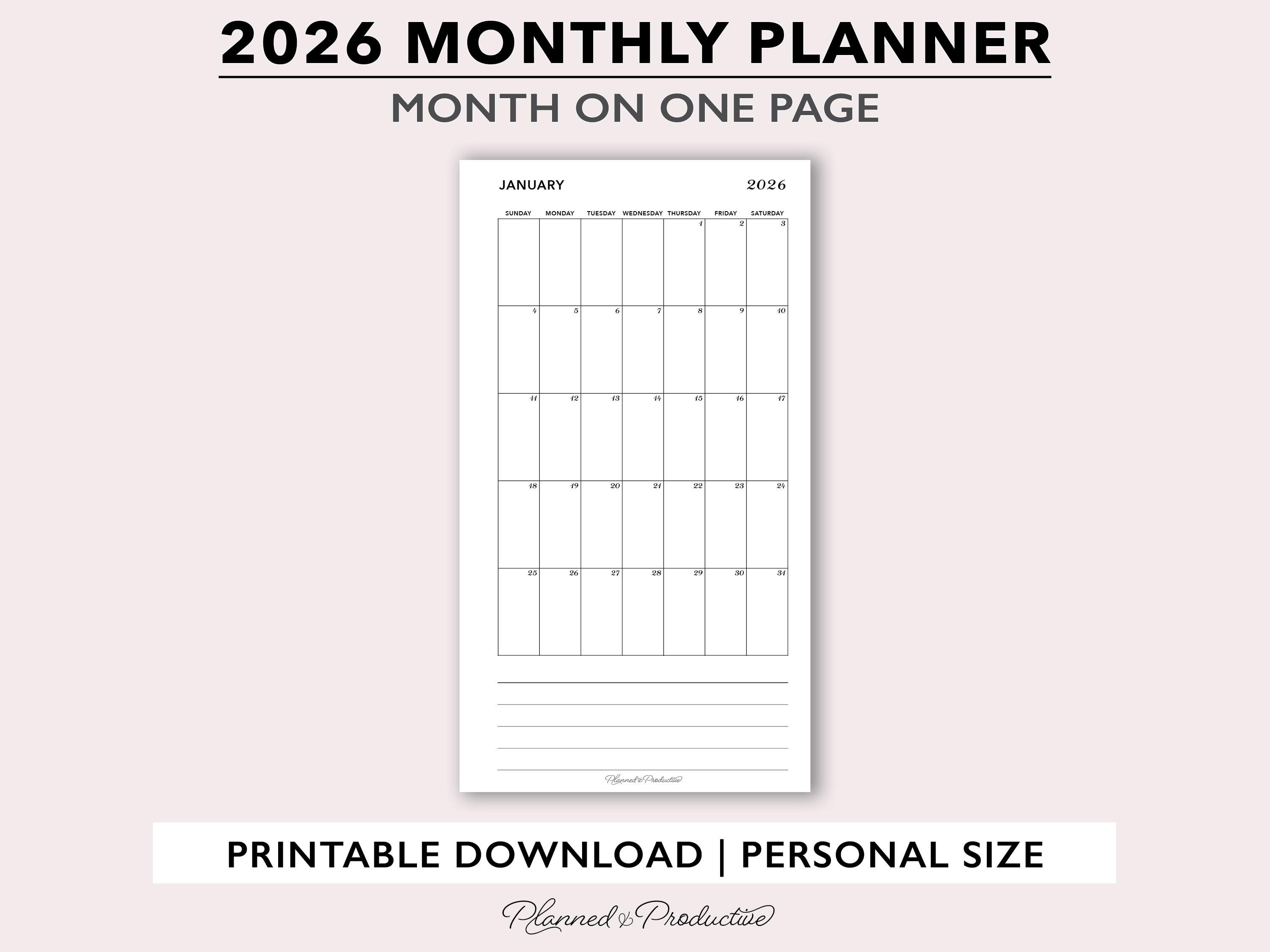 2026 Monthly Printable Planner Inserts, Personal Size Month on One Page ...