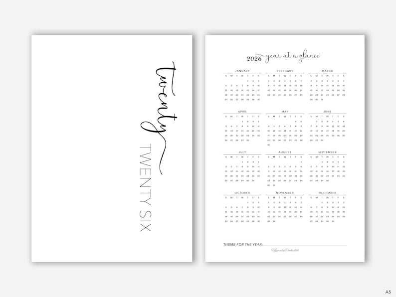 2026 | Calendrier annuel 2027 et page de couverture imprimable pour les agendas A5, calendrier annuel avec script, modèle de tableau de bord annuel pour anneaux A5 image 2
