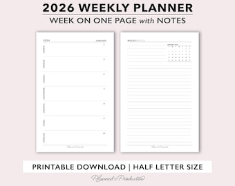 2026 Weekly Planner Printable w/ Weekly Notes, 2026 Weekly Agenda, Half Size Week on 2 Page Planner Template, Horizontal Weeks Style Layout