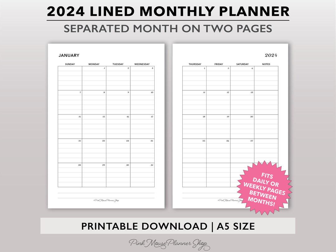 2024 Printable Lined Monthly Planner Inserts, Two Page Monthly Calendar ...
