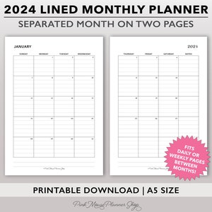 2024 Printable Lined Monthly Planner Inserts, Two Page Monthly Calendar Planner Template for A5 Planners, MO2P A5 Planner Insert Refill PDF