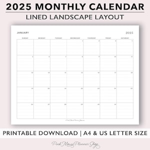 Calendario mensual rayado 2025 imprimible, plantilla de calendario de tamaño completo, inserto de planificador con una página por mes en formato PDF para papel tamaño A4 y Carta de EE. UU.