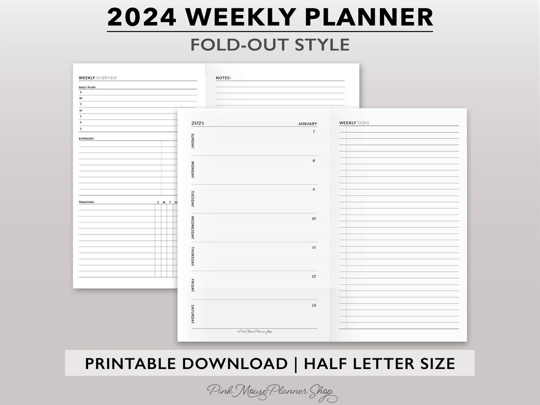 2024 Fold Out Weekly Planner Printable, 2024 Weekly Agenda, Half Letter Size Weekly Planner