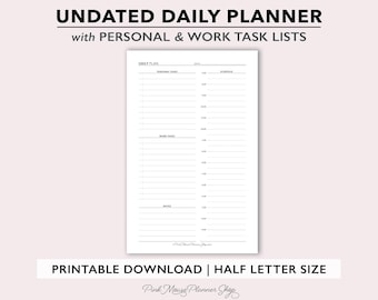 Daily Schedule with Work & Personal Task Lists, Day per Page Undated Printable Planner Insert, WFH Daily Planner Template for Half Letter
