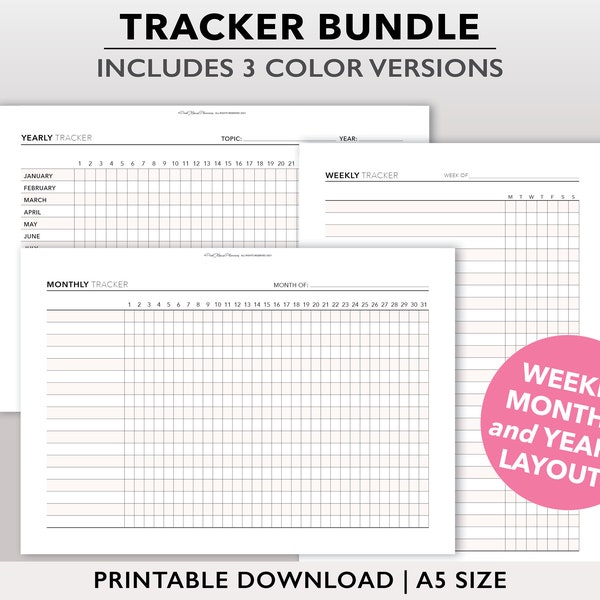 Printable Tracker Bundle Planner Insert, Weekly Tracker Page, Monthly Tracker Sheet, Yearly Tracker, Goal or Habit Tracker for A5 Planners