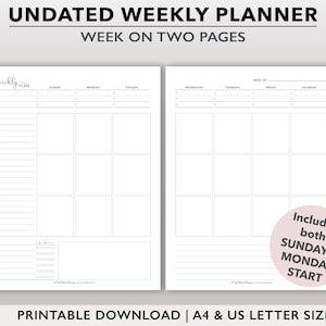 Undated Weekly Planner Printable, Vertical Week on 2 Page Layout, WO2P Planner Inserts, Weekly Planner Page, Downloadable Planner Pages
