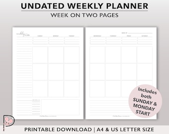 Undated Weekly Planner Printable, Vertical Week on 2 Page Layout, WO2P Planner Inserts, Weekly Planner Page, Downloadable Planner Pages