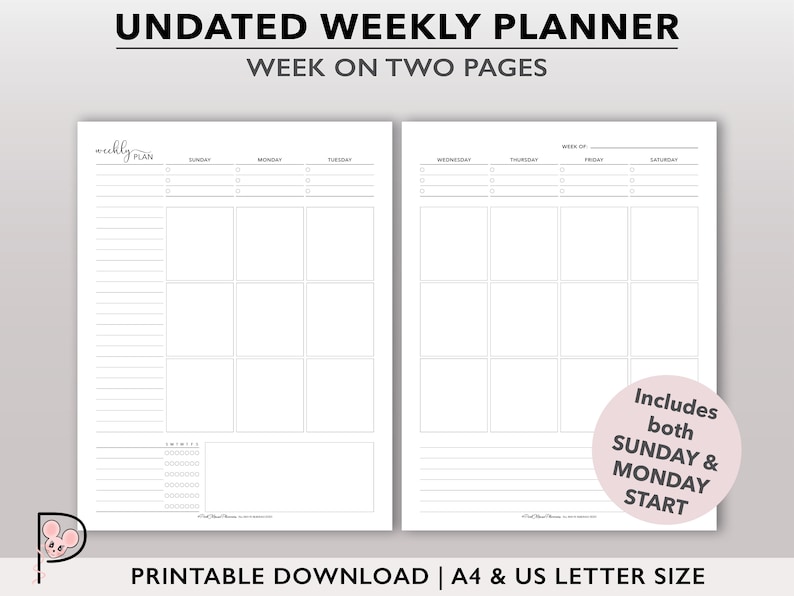 Undated Weekly Planner Printable, Vertical Week on 2 Page Layout, WO2P ...