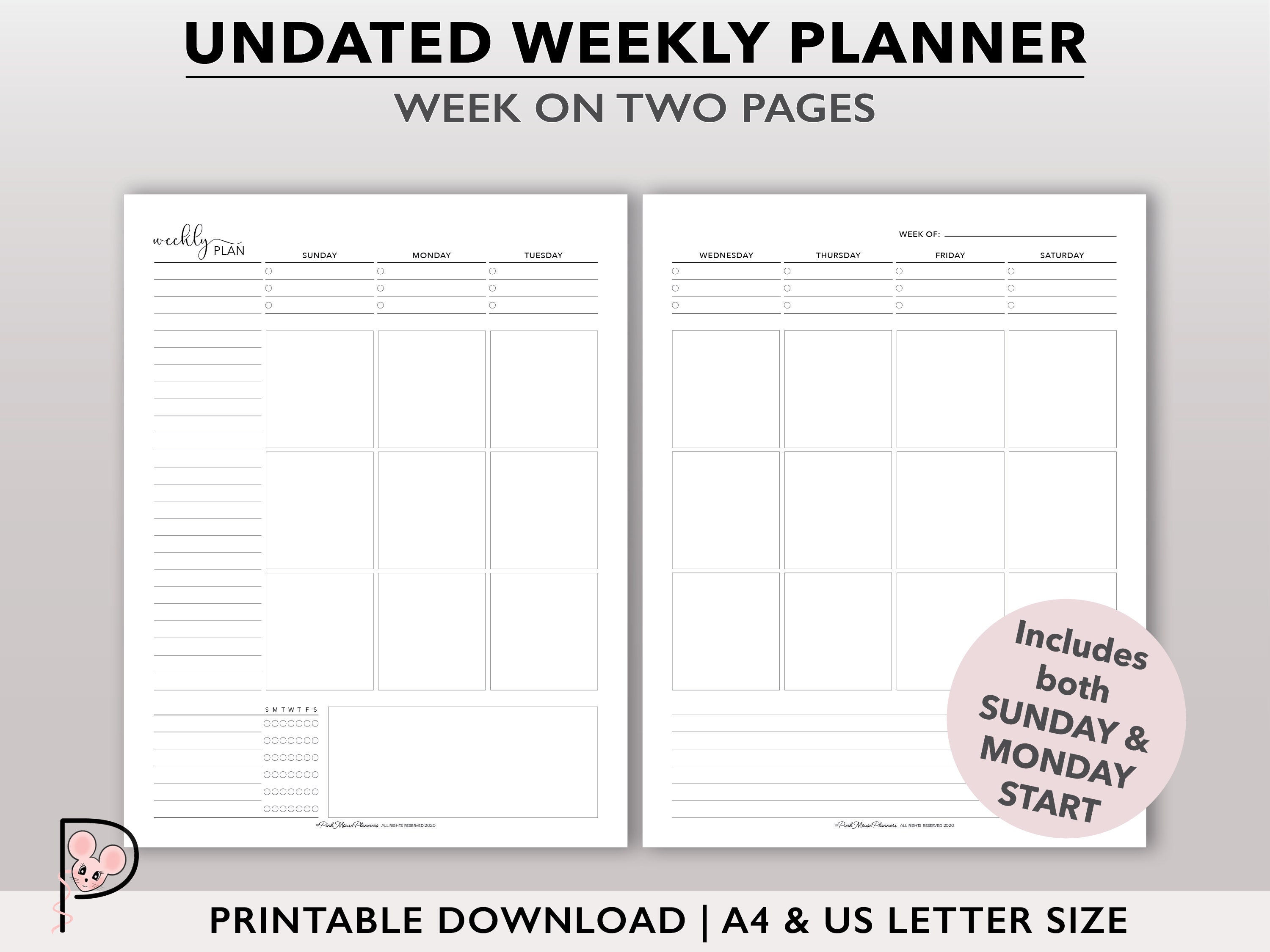 Undated Weekly Planner Printable, Vertical Week on 2 Page Layout, WO2P ...