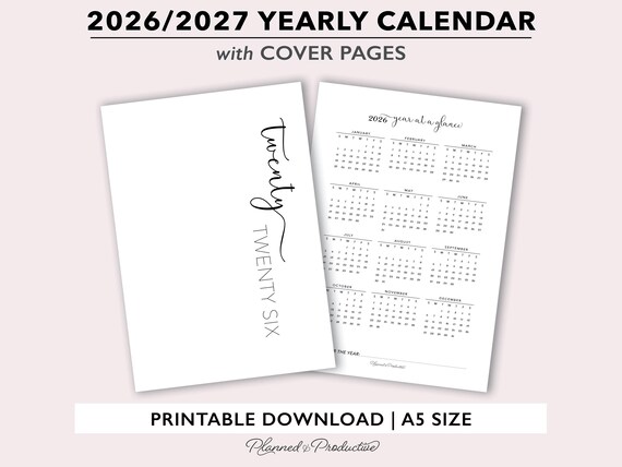 2026 | 2027 Yearly Calendar & Cover Page Printable for A5 Size Planners, Annual Calendar with Script Yearly Dashboard Template for A5 Rings