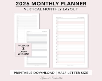 2026 verticale maandelijkse afdrukbare planner insteekkaarten, gedateerde verticale maand per pagina vulling pdf-sjabloon voor halve ringmaat of ingebonden planners