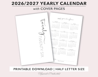 2026 | 2027 Yearly Calendar w/ Cover Pages Printable for Half Size Planners, Sunday & Monday Start
