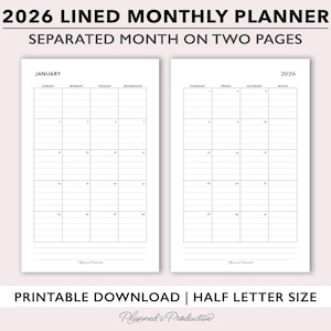 Insertions imprimables de planificateur mensuel ligné 2026, modèle de calendrier mensuel, planificateur mensuel de deux pages pour les agendas reliés anneau demi-taille ou disque