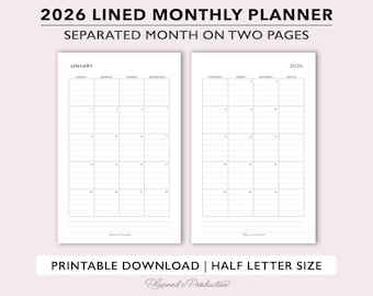 May include: A printable 2026 lined monthly planner with a separated month on two pages. The planner is in a half-letter size and features a simple, clean design with a light background and black text. The word "January" is visible.