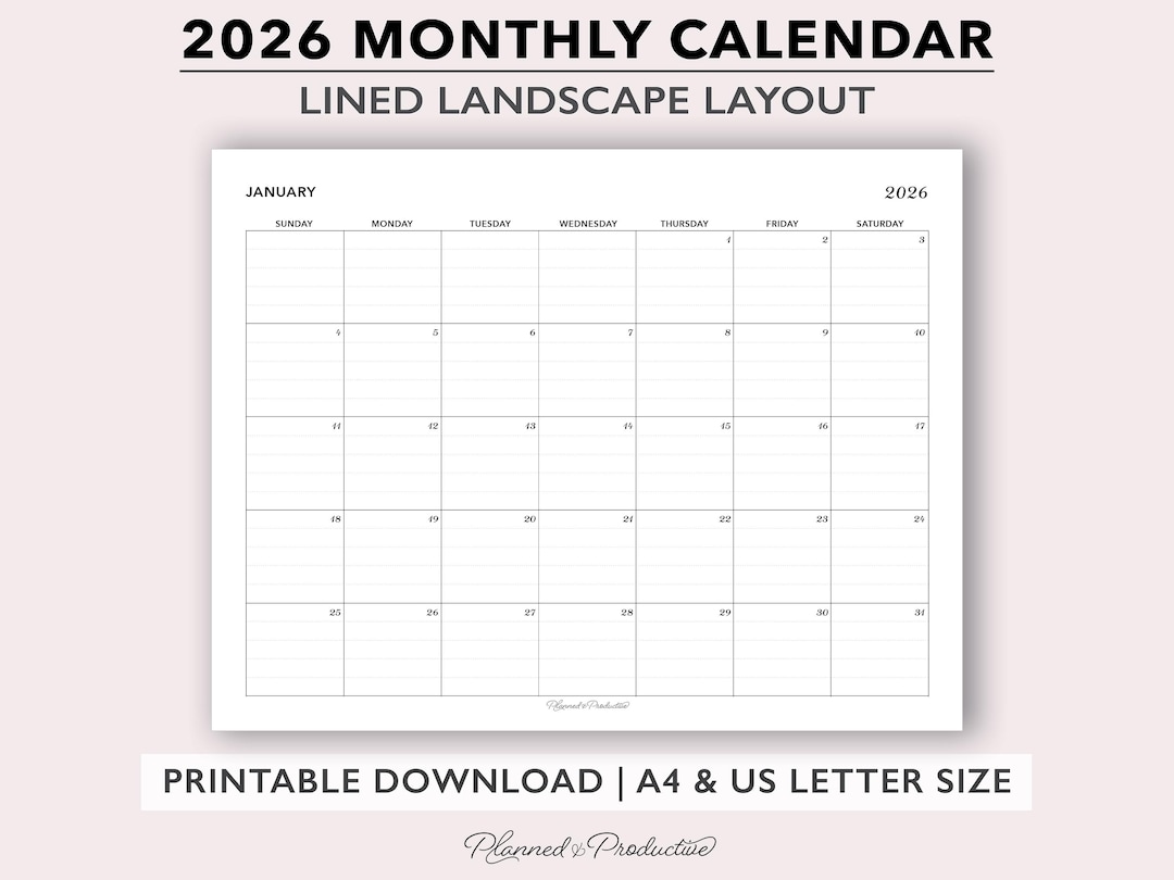 2026 Lined Monthly Calendar Printable in Landscape for US Letter and A4 ...
