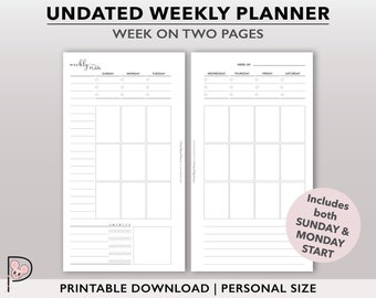 Undated Weekly Planner Printable, Vertical Week on 2 Page Layout, WO2P Planner Inserts, Weekly Agenda Refill, Downloadable Planner Pages