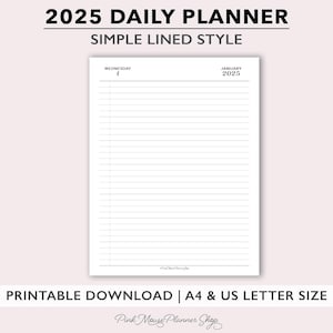 2025 Inserciones de planificador diario forrado, Diario diario con fecha simple, Planificador imprimible de un día por página, Recarga de agenda diaria de tamaño mínimo de carta