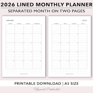 May include: A printable 2026 monthly planner with lined pages, separated month on two pages. The January calendar is displayed, with days of the week and dates. The text "PRINTABLE DOWNLOAD | A5 SIZE" is at the bottom.