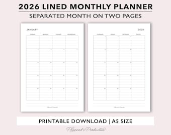 2026 Printable Lined Monthly Planner Inserts, Two Page Monthly Calendar Planner Template for A5 Planners, MO2P A5 Planner Insert Refill PDF