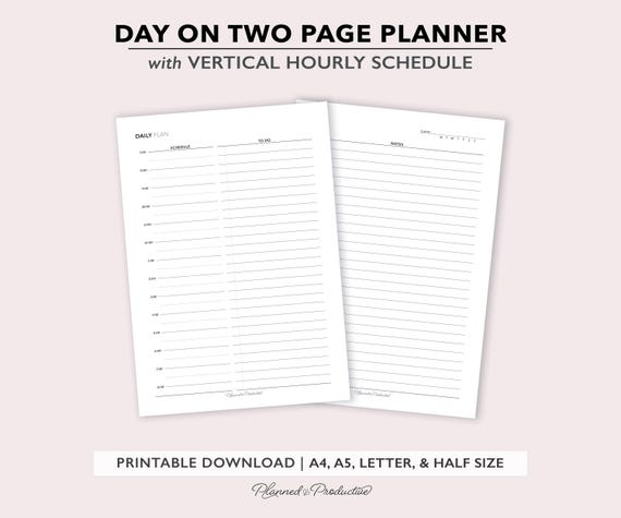 Day on Two Pages Daily Planner Insert, Vertical Hourly Layout, Printable PDF files for A4 | A5 | Letter & Half Size, Digital Download