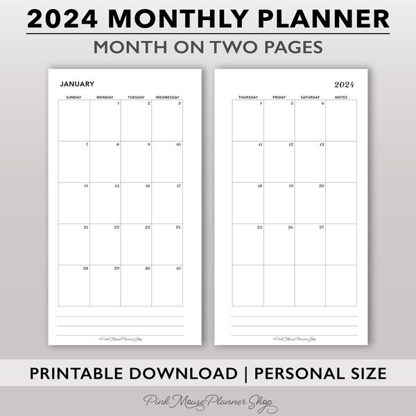 2024 Monthly Printable Planner Inserts, Month on 2 Pages Calendar Template, Printable Two Page Monthly Calendar for Personal Size Planners