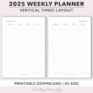 2025 Vertical Weekly Planner Printable, Timed Weekly Planner Insert, Week on 2 Page Planner Template, Hourly Weekly Schedule for A5 Planners