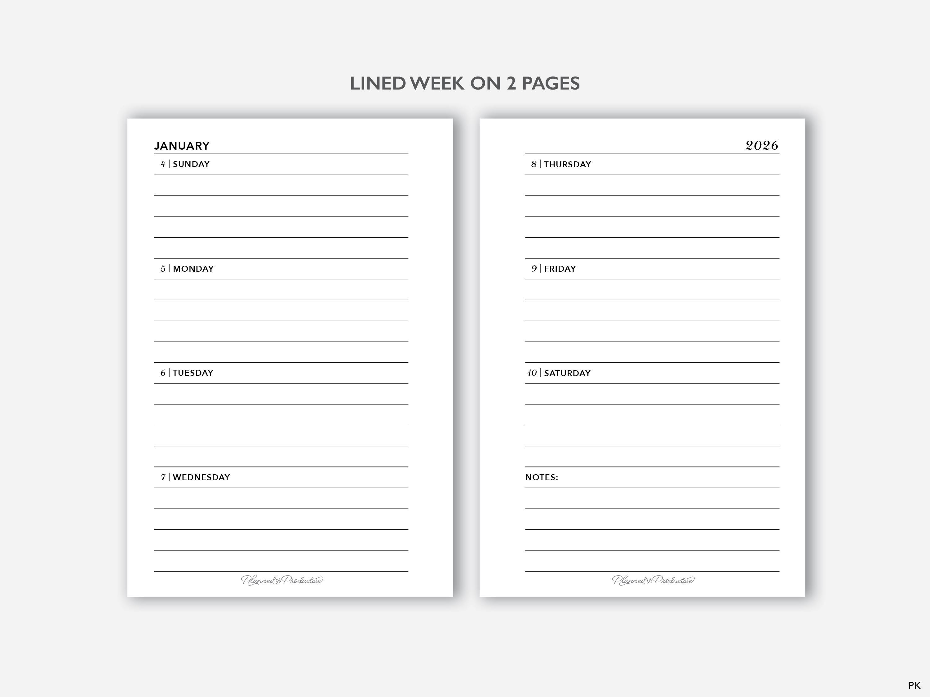 2026 Weekly Planner Insert Printable, Horizontal Lined Weekly Calendar ...