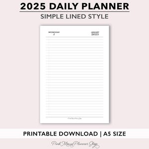 2025 Lined Daily Planner Inserts, Simple Dated Daily Journal, One Day per Page Printable Planner, Minimal A5 Size Daily Agenda Refill