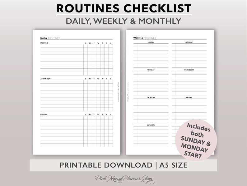 A5 Size Routine Checklist Printable Planner Insert, Daily Routine Page ...