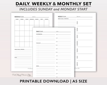 May include: Printable planner set with a monthly, weekly, and daily layout. The pages are black and white and include sections for goals, priorities, to-do lists, and notes. The planner is designed for A5 size paper.