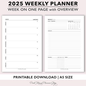2025 Weekly Planner Printable, A5 Weekly Planner Template, Dated Weekly Insert with Weekly Overview, Week on 2 Page Planner Insert for A5