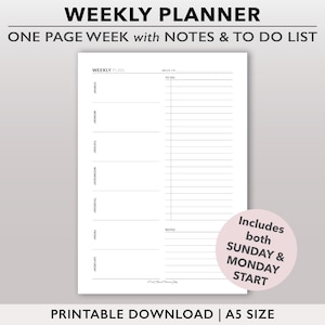 Weekly Planner Insert, Week on One Page, Printable Planner Page, Productivity Planner, Undated Weekly Agenda, Weekly Appointment Insert