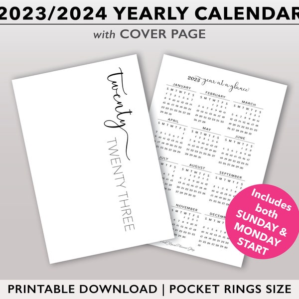 2023 | 2024 Yearly Calendar & Cover Page Printable for Pocket Size Planners, Small Yearly Calendar, A7 Pocket Rings Planner Template,