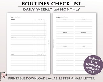 Routine Checklist Printable Planner Insert, Daily Routine Page, Weekly Routine Insert, A4 | A5 Planner Insert, Letter | Half Size