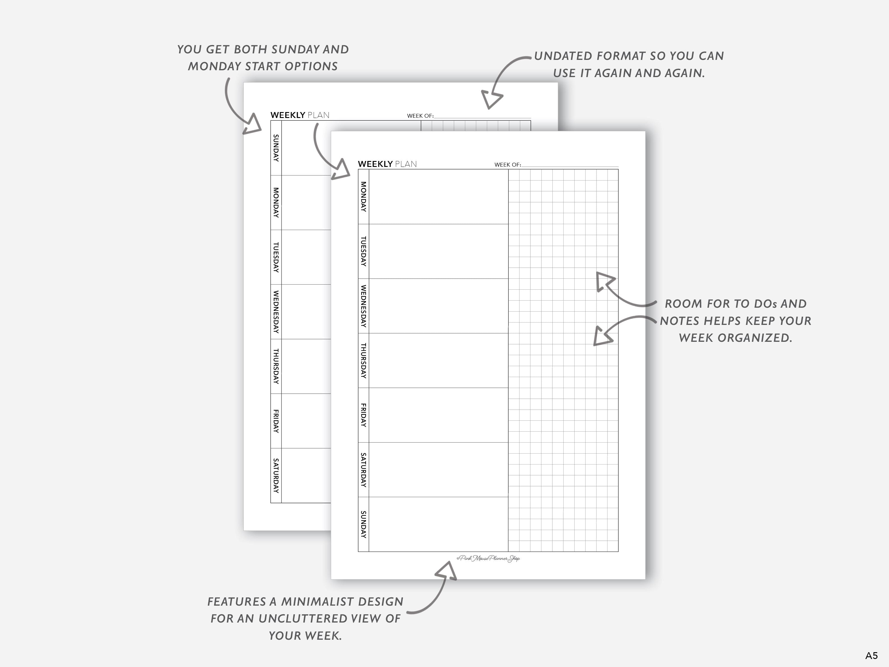 Weekly Planner Printable for A5 Planners, Week on One Page Planner ...
